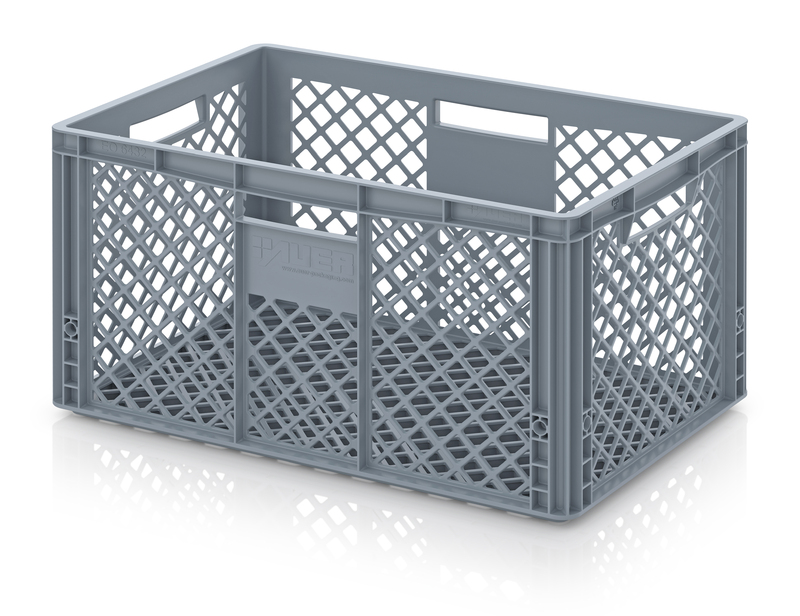 opbergbak in PEHD 600 x 400 x 320mm - open gaten - grijs